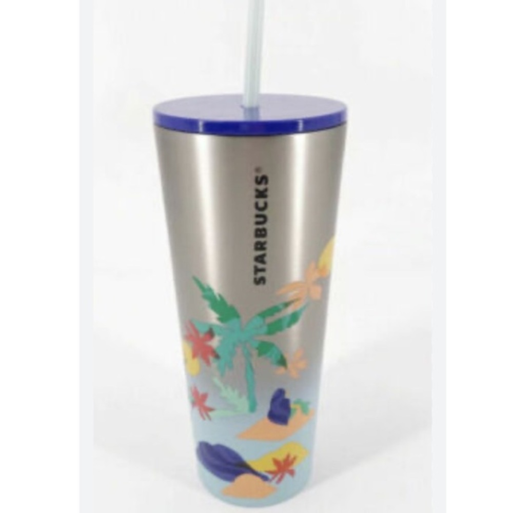 STARBUCKS Limited Stainless Steel Tumbler Mermaid & Palm Tree Beach Scene 24oz